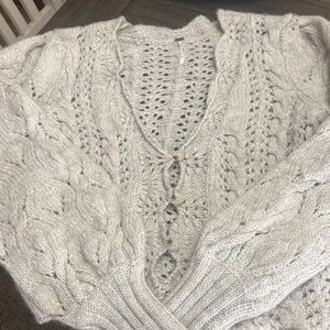 Free People Light Gray Cable Knit Button-Up Cardigan